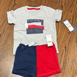 Tommy Hilfiger Gray Tee and Red-Blue Shorts Set